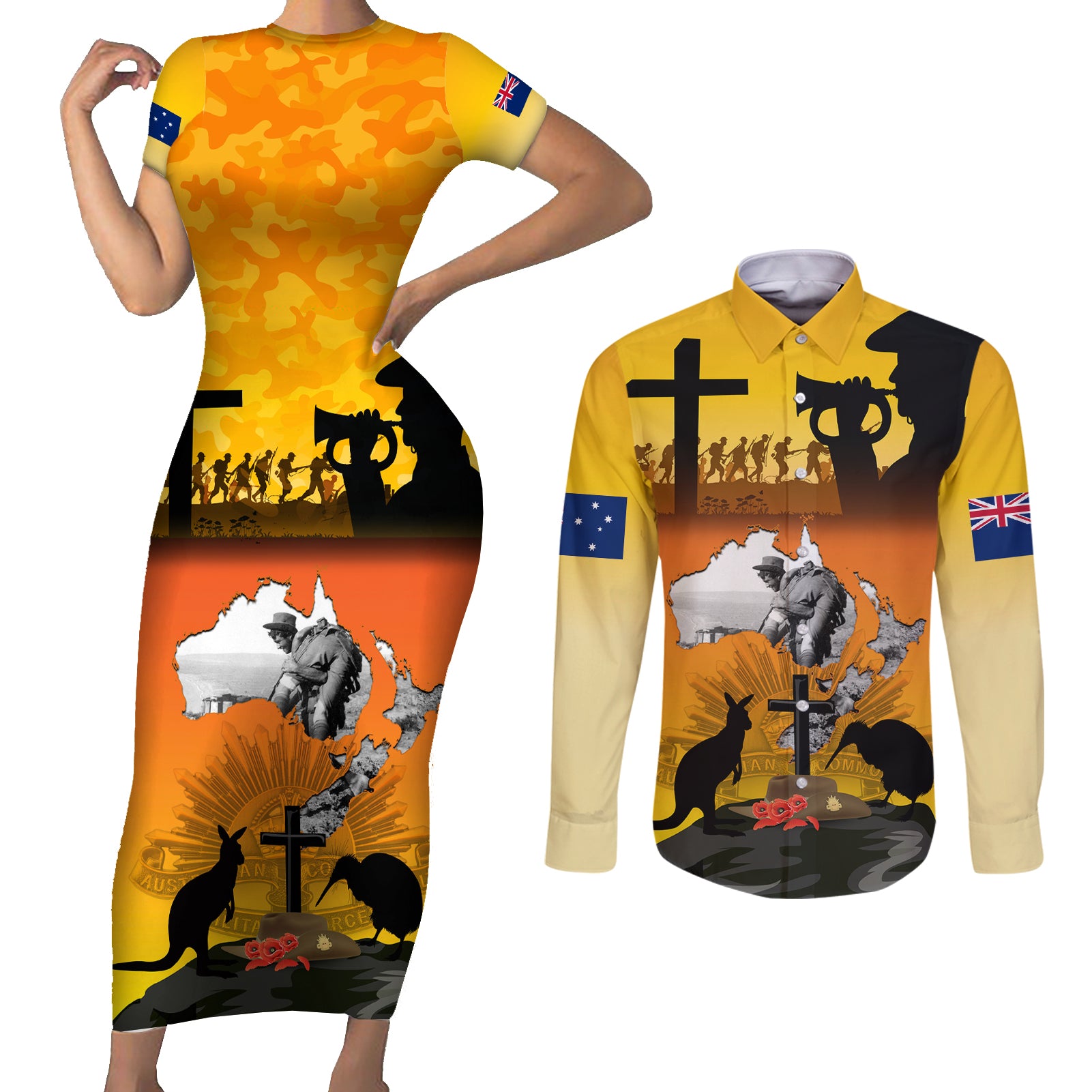 New Zealand and Australia ANZAC Day Couples Matching Short Sleeve Bodycon Dress and Long Sleeve Button Shirt Gallipoli Lest We Forget LT03 Yellow - Polynesian Pride