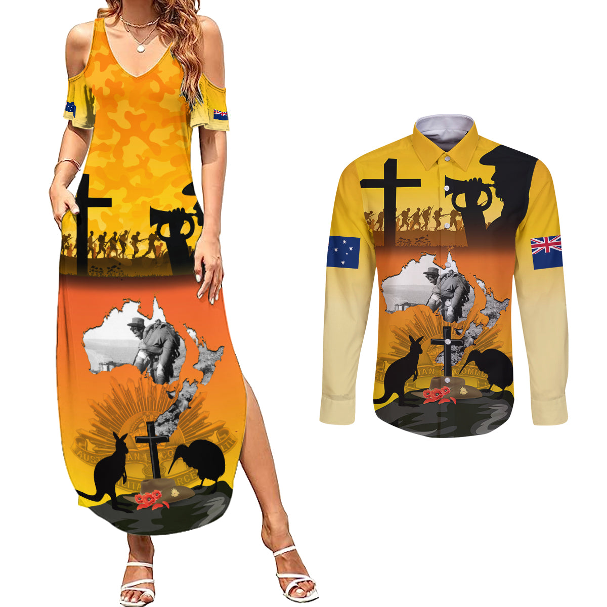 New Zealand and Australia ANZAC Day Couples Matching Summer Maxi Dress and Long Sleeve Button Shirt Gallipoli Lest We Forget LT03 Yellow - Polynesian Pride
