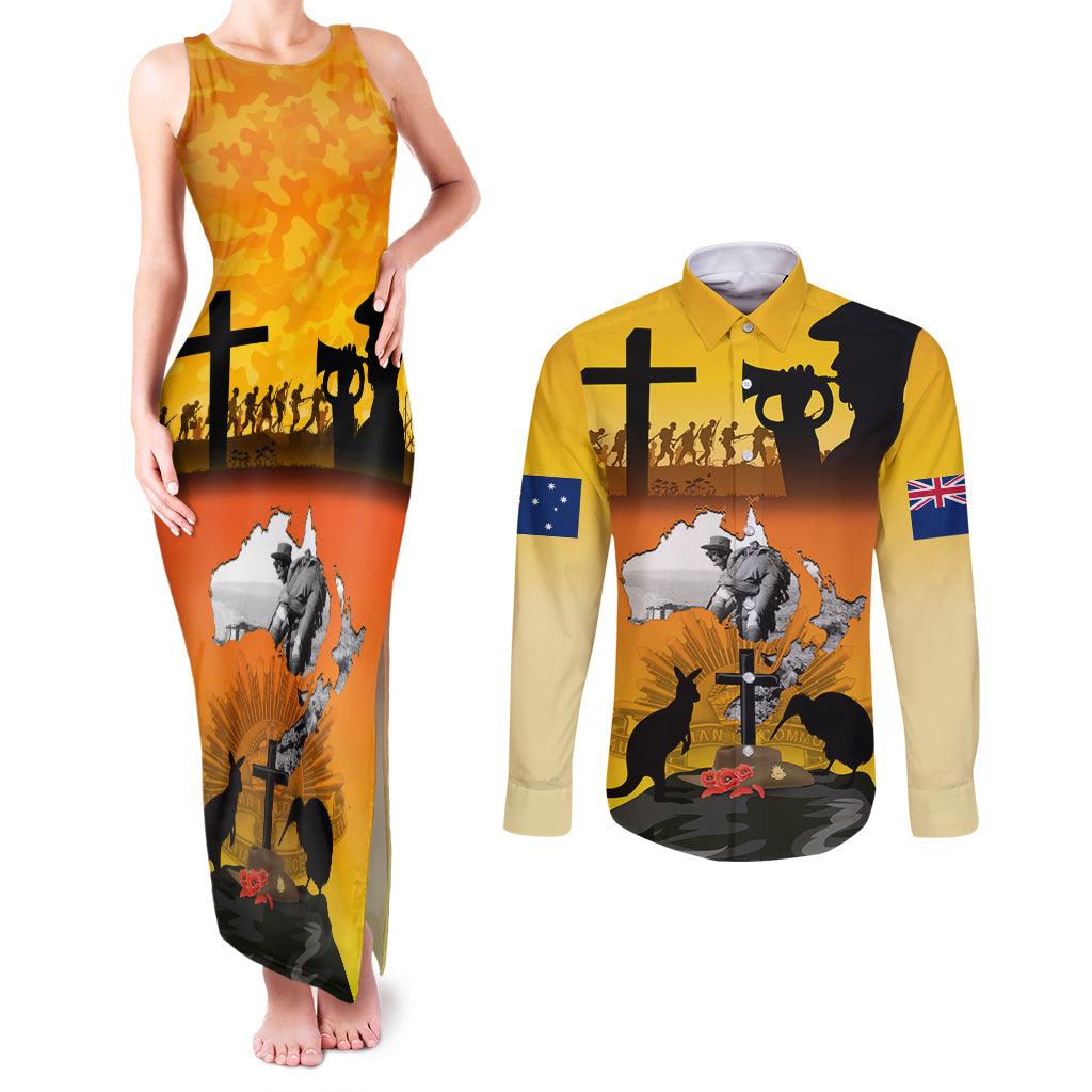 New Zealand and Australia ANZAC Day Couples Matching Tank Maxi Dress and Long Sleeve Button Shirt Gallipoli Lest We Forget LT03 Yellow - Polynesian Pride