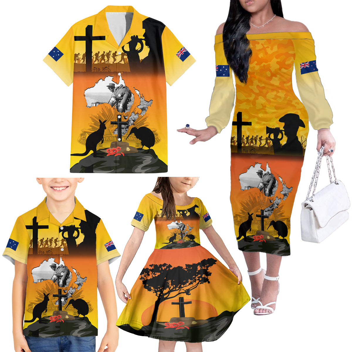 New Zealand and Australia ANZAC Day Family Matching Off Shoulder Long Sleeve Dress and Hawaiian Shirt Gallipoli Lest We Forget LT03 - Polynesian Pride