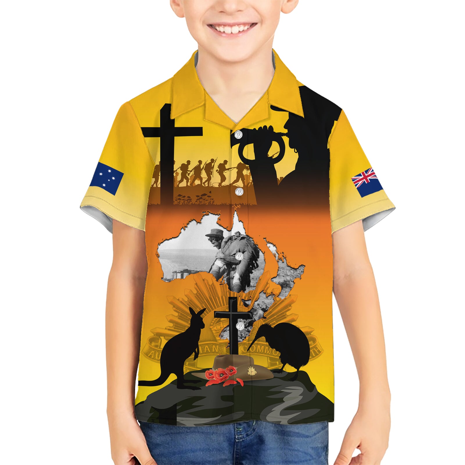 New Zealand and Australia ANZAC Day Kid Hawaiian Shirt Gallipoli Lest We Forget LT03 Kid Yellow - Polynesian Pride