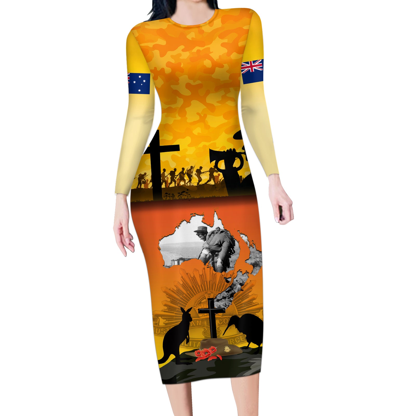 New Zealand and Australia ANZAC Day Long Sleeve Bodycon Dress Gallipoli Lest We Forget LT03 Long Dress Yellow - Polynesian Pride