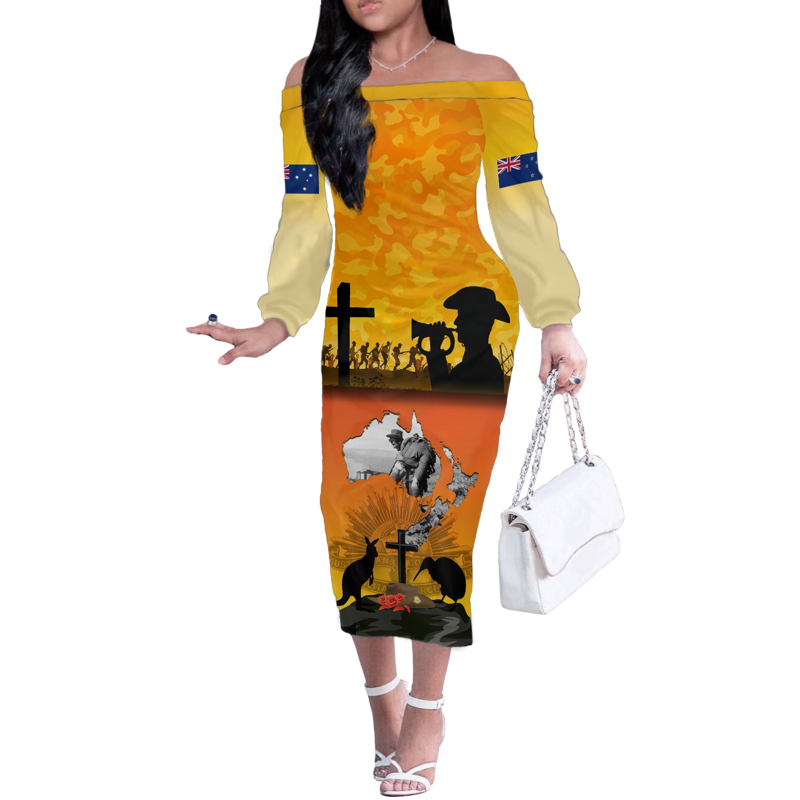 New Zealand and Australia ANZAC Day Off The Shoulder Long Sleeve Dress Gallipoli Lest We Forget LT03 Women Yellow - Polynesian Pride