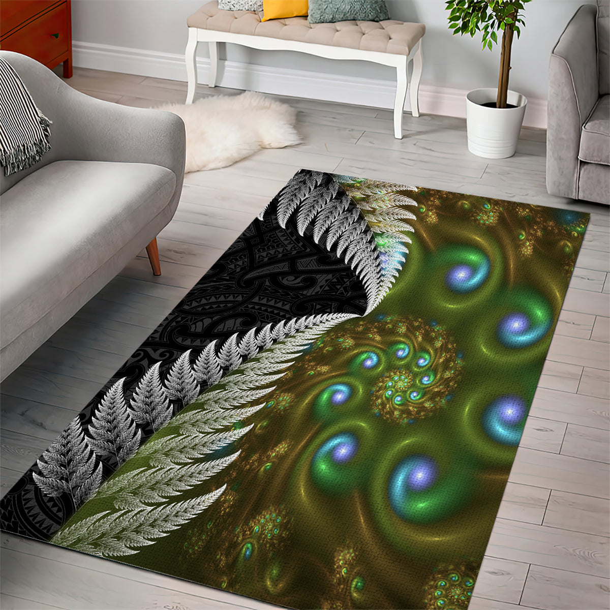 New Zealand Area Rug Koru Abstract Art and Silver Fern Maori Pattern