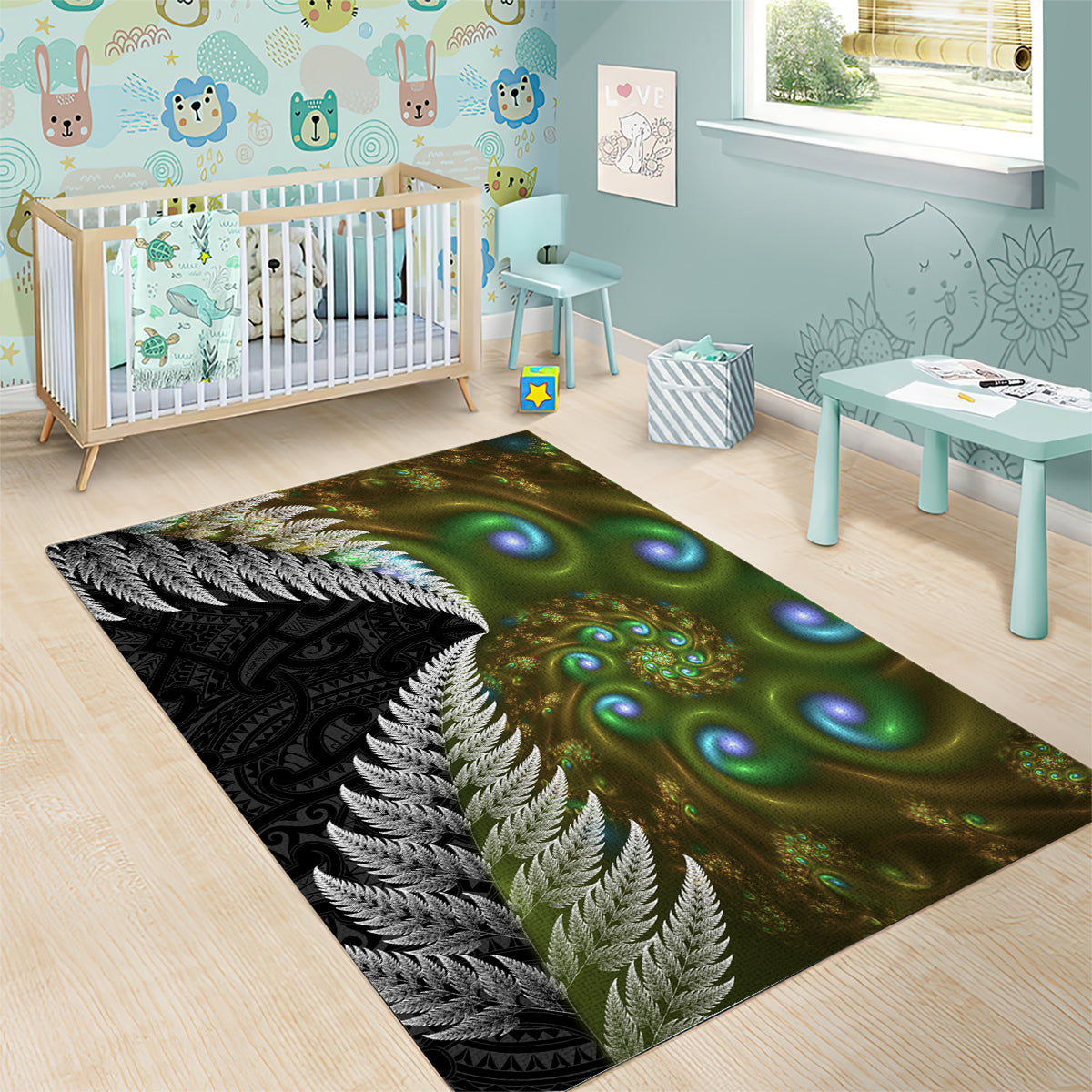 New Zealand Area Rug Koru Abstract Art and Silver Fern Maori Pattern