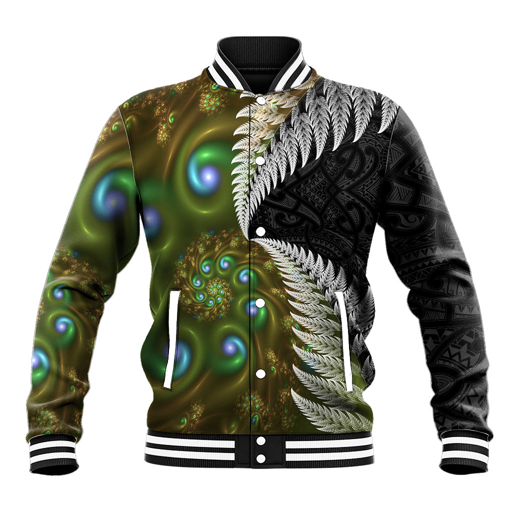 New Zealand Baseball Jacket Koru Abstract Art and Silver Fern Maori Pattern LT03 Unisex Green - Polynesian Pride