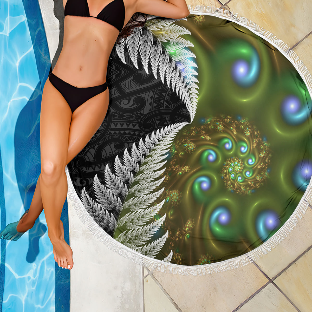 New Zealand Beach Blanket Koru Abstract Art and Silver Fern Maori Pattern