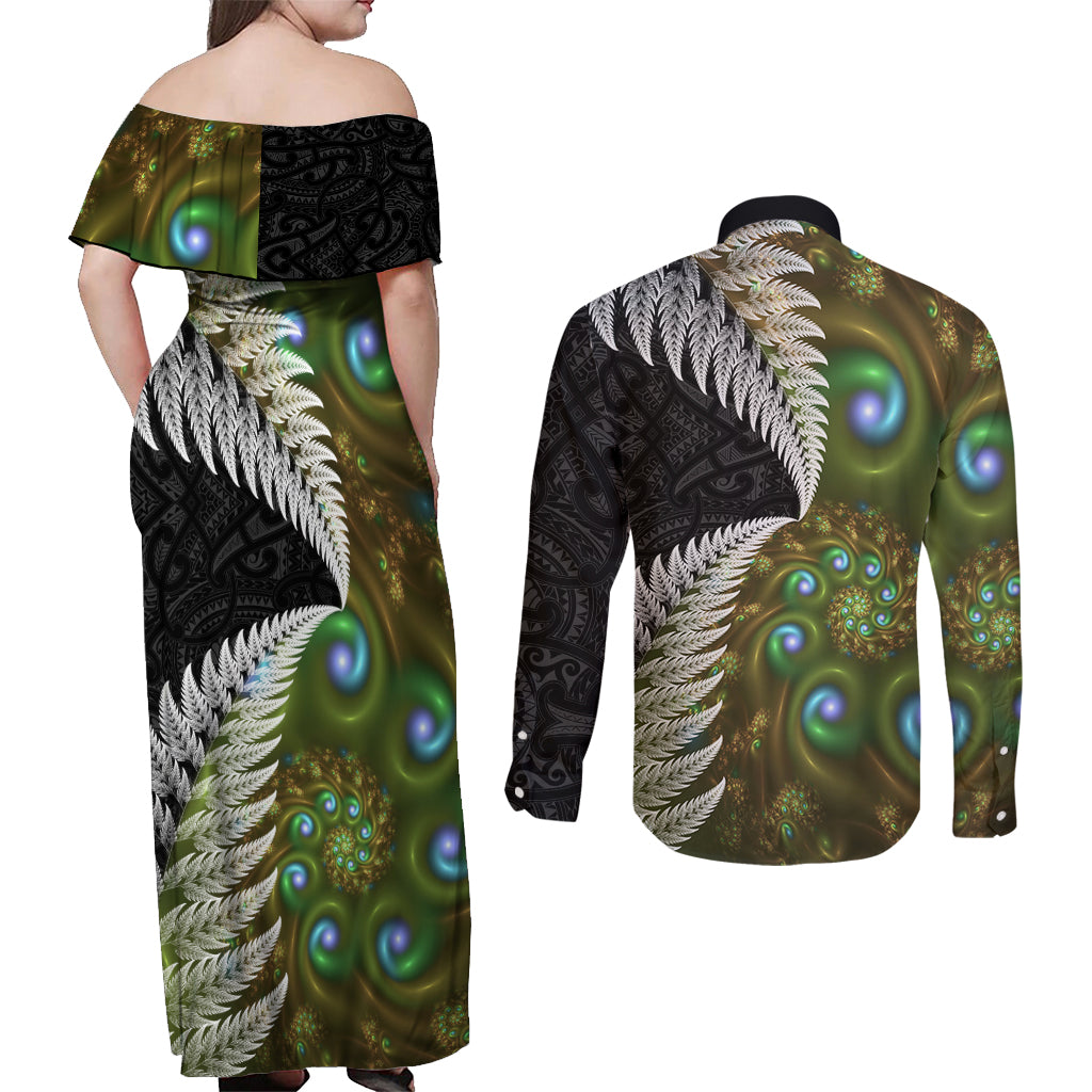 New Zealand Couples Matching Off Shoulder Maxi Dress and Long Sleeve Button Shirt Koru Abstract Art and Silver Fern Maori Pattern LT03 - Polynesian Pride