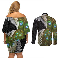 New Zealand Couples Matching Off Shoulder Short Dress and Long Sleeve Button Shirt Koru Abstract Art and Silver Fern Maori Pattern LT03 - Polynesian Pride