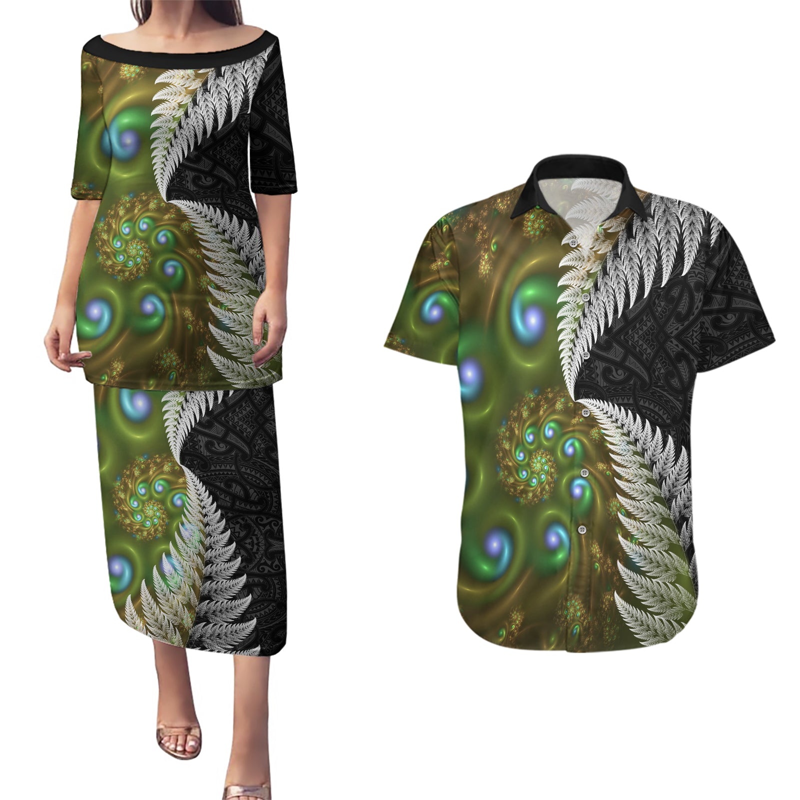 New Zealand Couples Matching Puletasi and Hawaiian Shirt Koru Abstract Art and Silver Fern Maori Pattern LT03 Green - Polynesian Pride