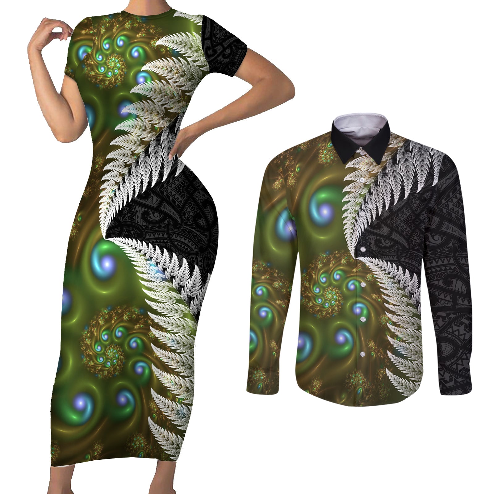 New Zealand Couples Matching Short Sleeve Bodycon Dress and Long Sleeve Button Shirt Koru Abstract Art and Silver Fern Maori Pattern LT03 Green - Polynesian Pride