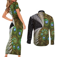 New Zealand Couples Matching Short Sleeve Bodycon Dress and Long Sleeve Button Shirt Koru Abstract Art and Silver Fern Maori Pattern LT03 - Polynesian Pride