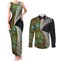 New Zealand Couples Matching Tank Maxi Dress and Long Sleeve Button Shirt Koru Abstract Art and Silver Fern Maori Pattern LT03 Green - Polynesian Pride