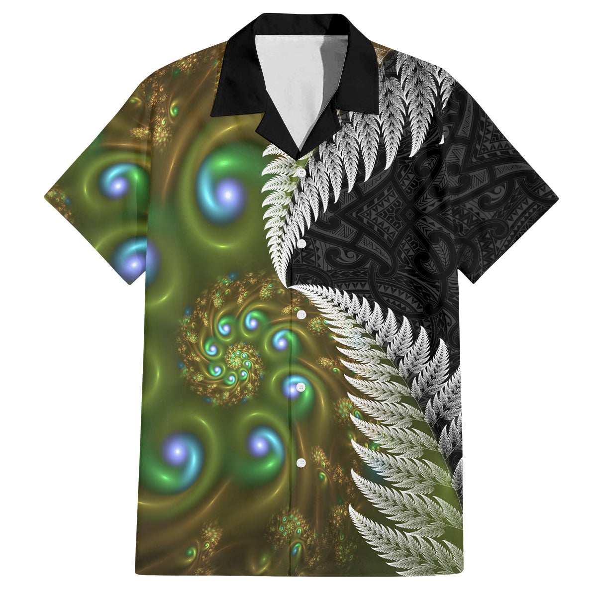 New Zealand Family Matching Off Shoulder Maxi Dress and Hawaiian Shirt Koru Abstract Art and Silver Fern Maori Pattern LT03 Dad's Shirt - Short Sleeve Green - Polynesian Pride