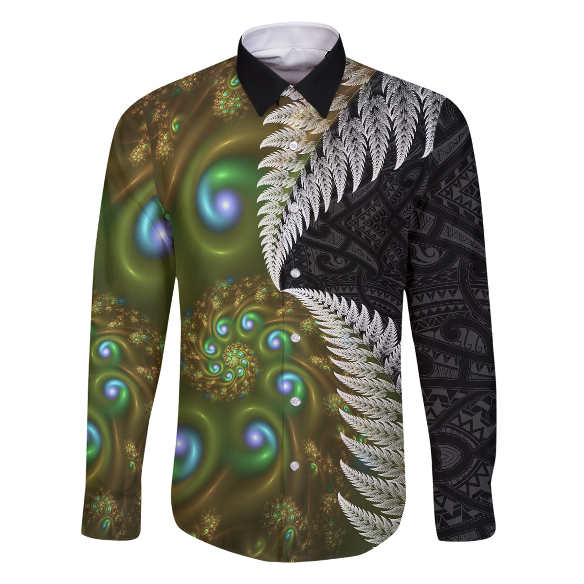 New Zealand Family Matching Off Shoulder Maxi Dress and Hawaiian Shirt Koru Abstract Art and Silver Fern Maori Pattern LT03 Dad's Shirt - Long Sleeve Green - Polynesian Pride