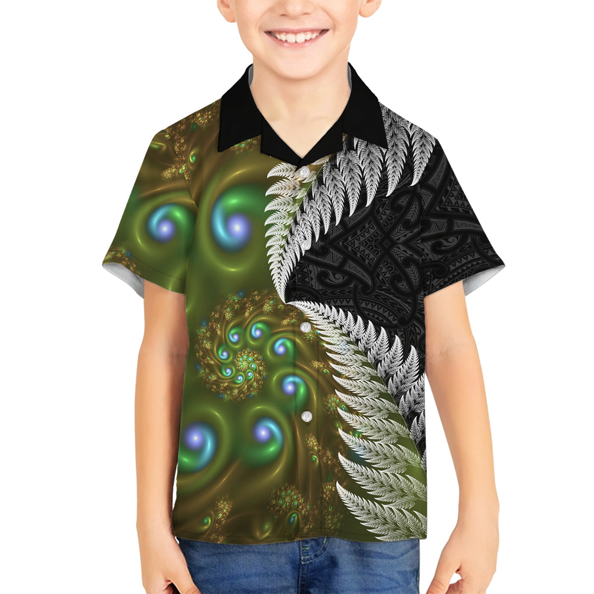 New Zealand Family Matching Tank Maxi Dress and Hawaiian Shirt Koru Abstract Art and Silver Fern Maori Pattern LT03 Son's Shirt Green - Polynesian Pride