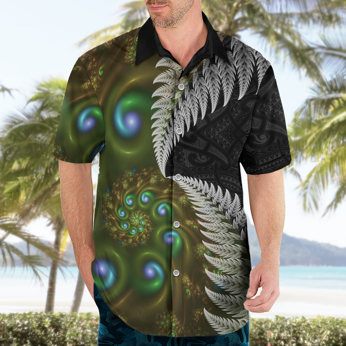 New Zealand Hawaiian Shirt Koru Abstract Art and Silver Fern Maori Pattern LT03 - Polynesian Pride