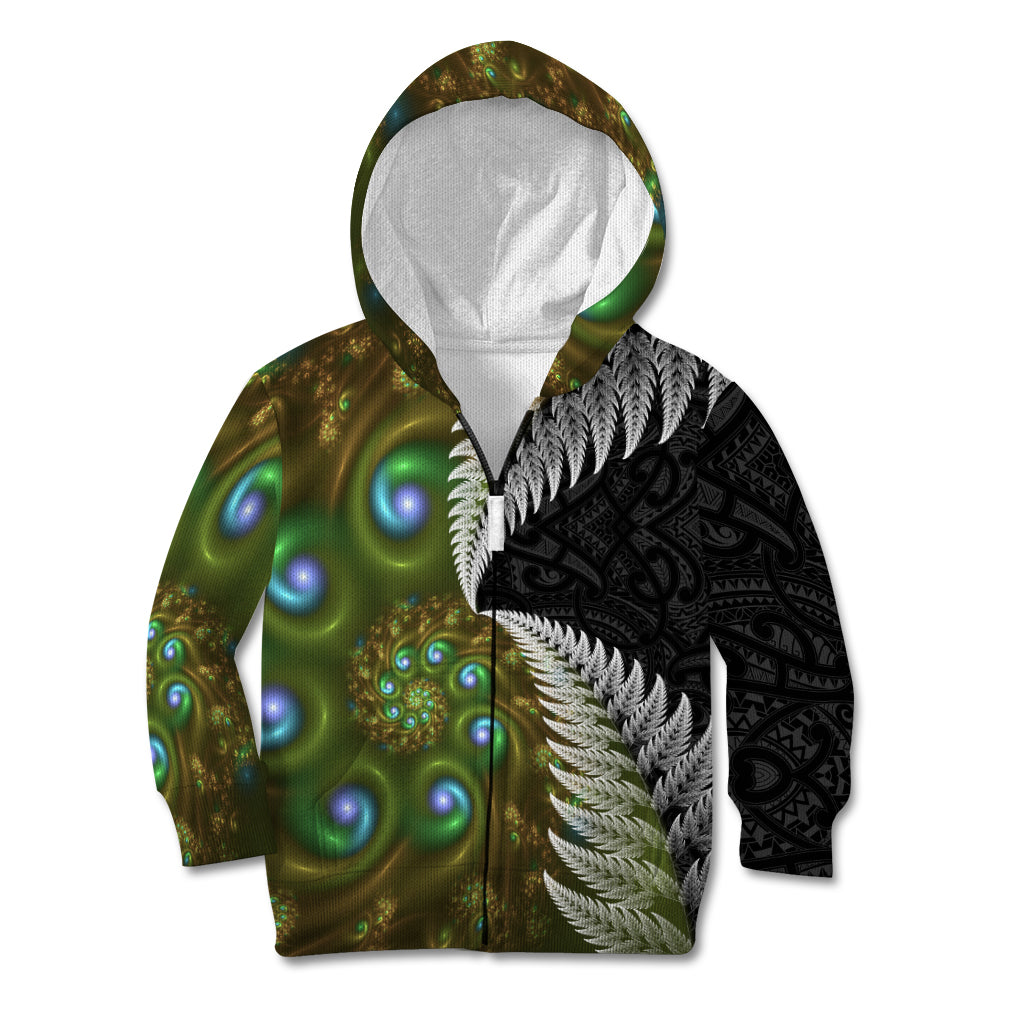 New Zealand Kid Hoodie Koru Abstract Art and Silver Fern Maori Pattern LT03 Zip Hoodie Green - Polynesian Pride