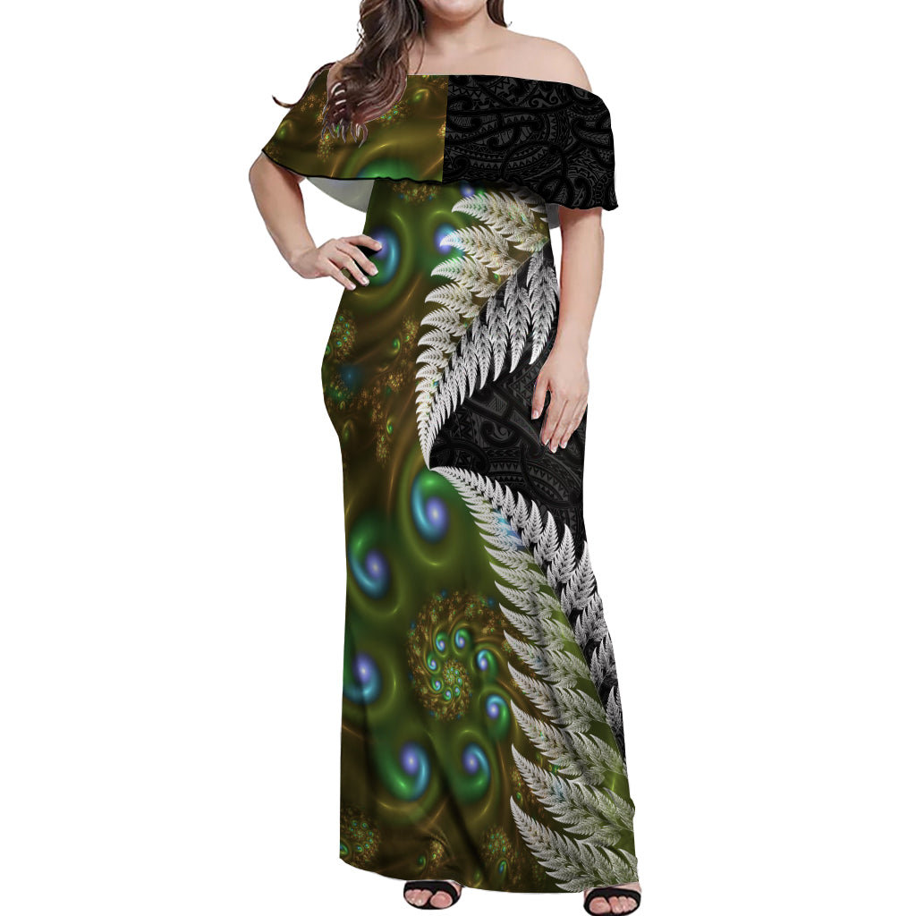 New Zealand Off Shoulder Maxi Dress Koru Abstract Art and Silver Fern Maori Pattern LT03 Women Green - Polynesian Pride