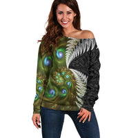 New Zealand Off Shoulder Sweater Koru Abstract Art and Silver Fern Maori Pattern LT03 Women Green - Polynesian Pride