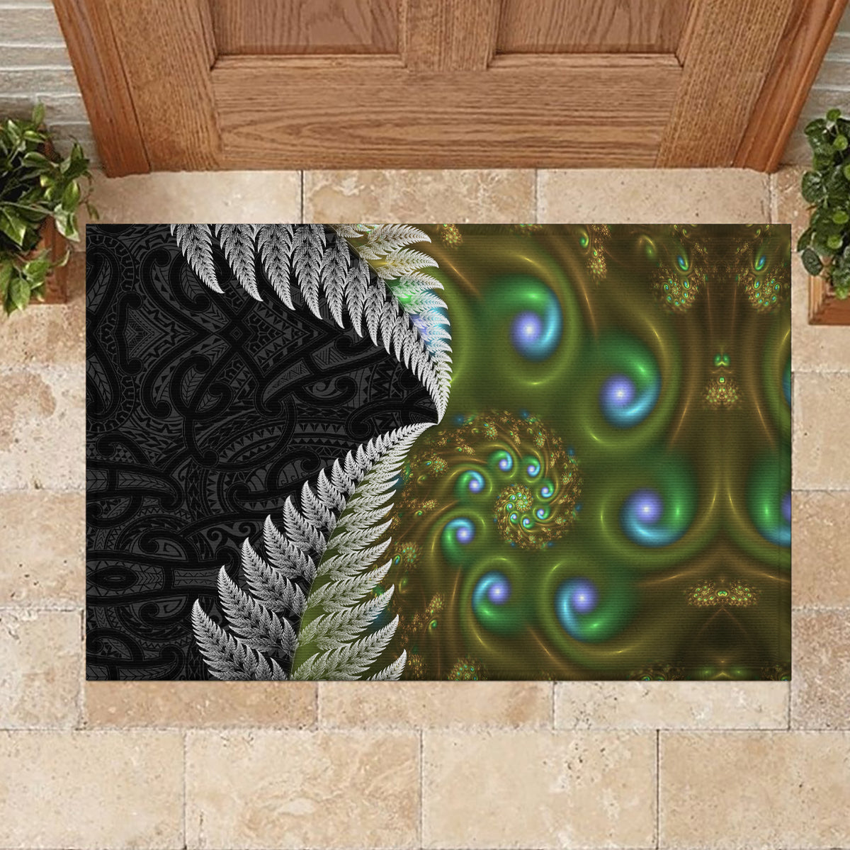 New Zealand Rubber Doormat Koru Abstract Art and Silver Fern Maori Pattern