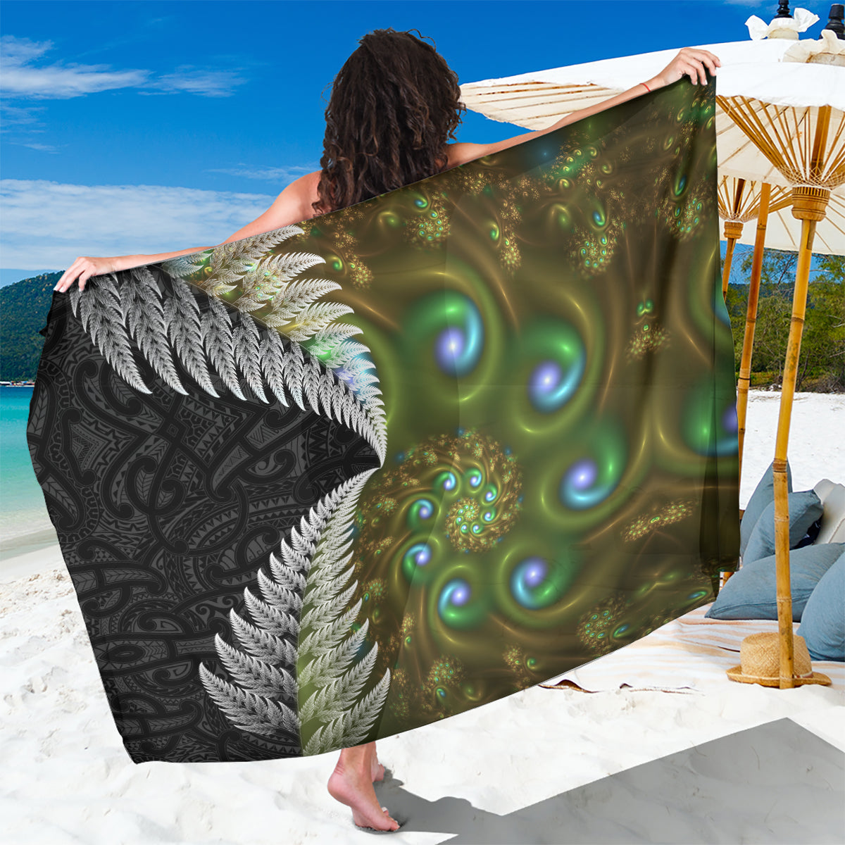 New Zealand Sarong Koru Abstract Art and Silver Fern Maori Pattern