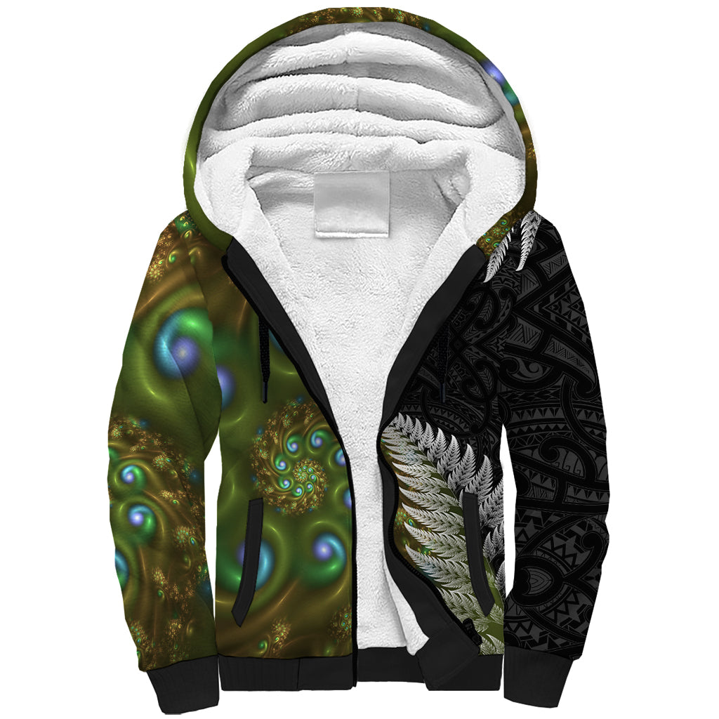 New Zealand Sherpa Hoodie Koru Abstract Art and Silver Fern Maori Pattern LT03 Unisex Green - Polynesian Pride