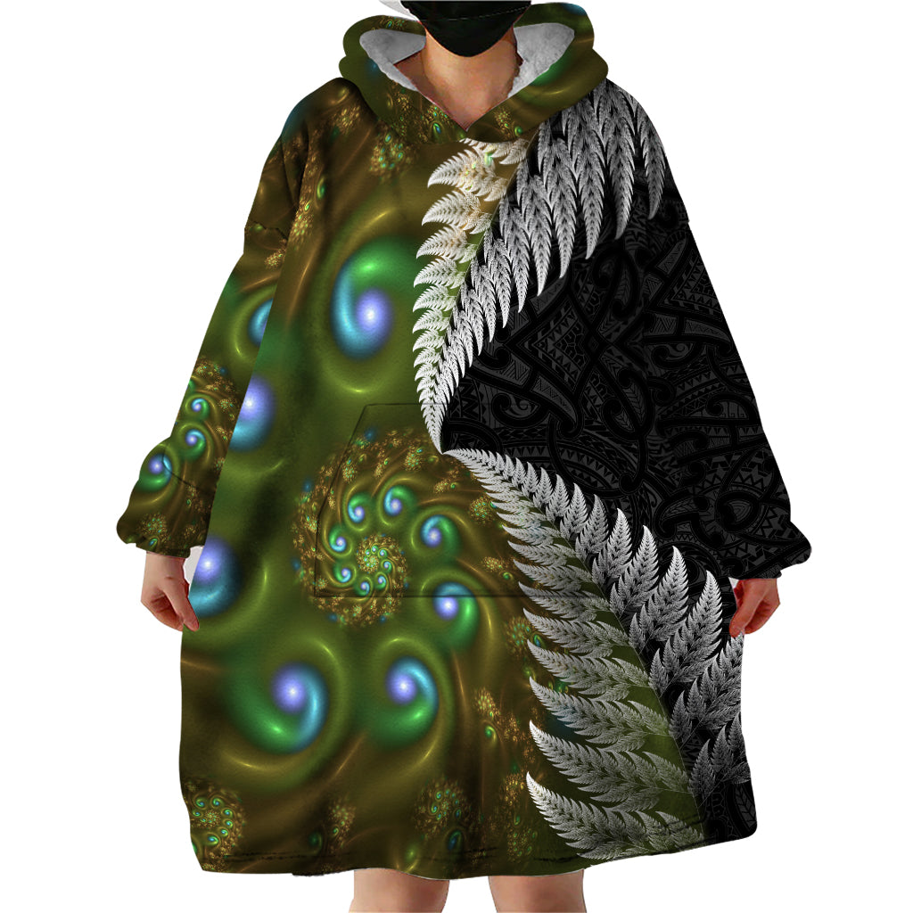 New Zealand Wearable Blanket Hoodie Koru Abstract Art and Silver Fern Maori Pattern LT03 - Polynesian Pride