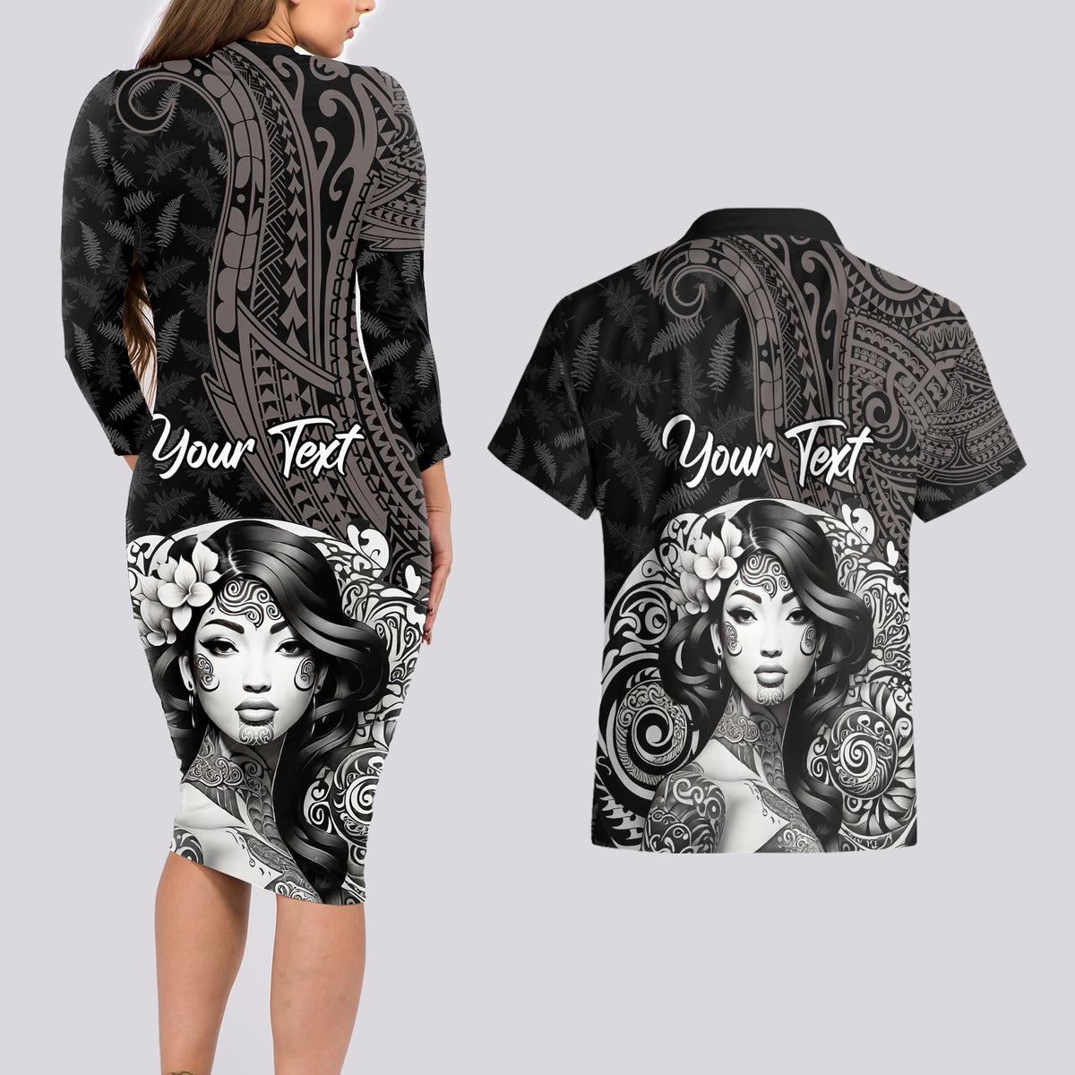 Custom New Zealand Women's Day Couples Matching Long Sleeve Bodycon Dress and Hawaiian Shirt Maori Tribal Girl and Silver Fern Pattern LT03 - Polynesian Pride