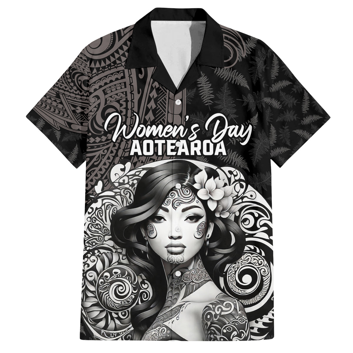 Custom New Zealand Women's Day Family Matching Long Sleeve Bodycon Dress and Hawaiian Shirt Maori Tribal Girl and Silver Fern Pattern LT03 Dad's Shirt - Short Sleeve Black - Polynesian Pride