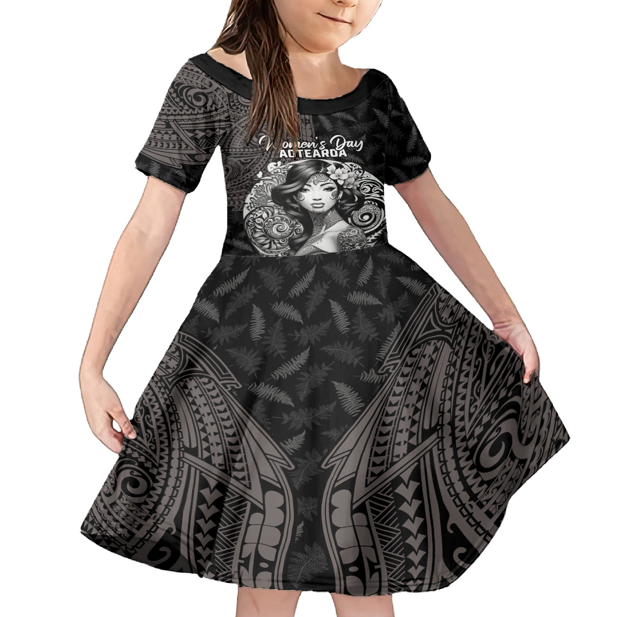Custom New Zealand Women's Day Family Matching Off Shoulder Short Dress and Hawaiian Shirt Maori Tribal Girl and Silver Fern Pattern LT03 Daughter's Dress Black - Polynesian Pride