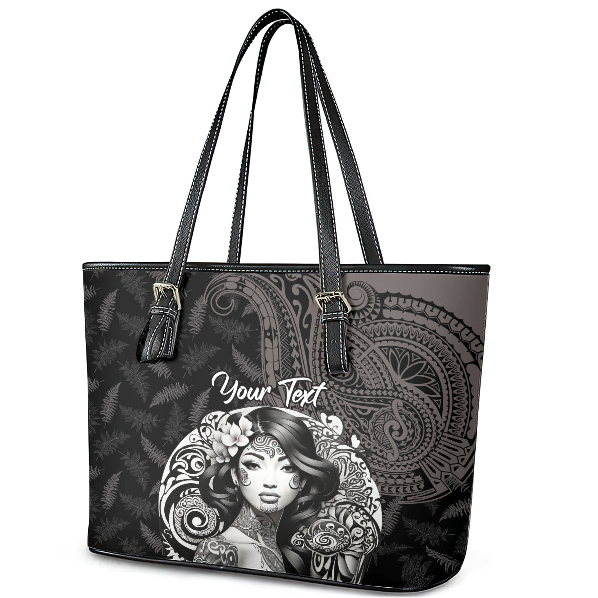 Custom New Zealand Women's Day Leather Tote Bag Maori Tribal Girl and Silver Fern Pattern