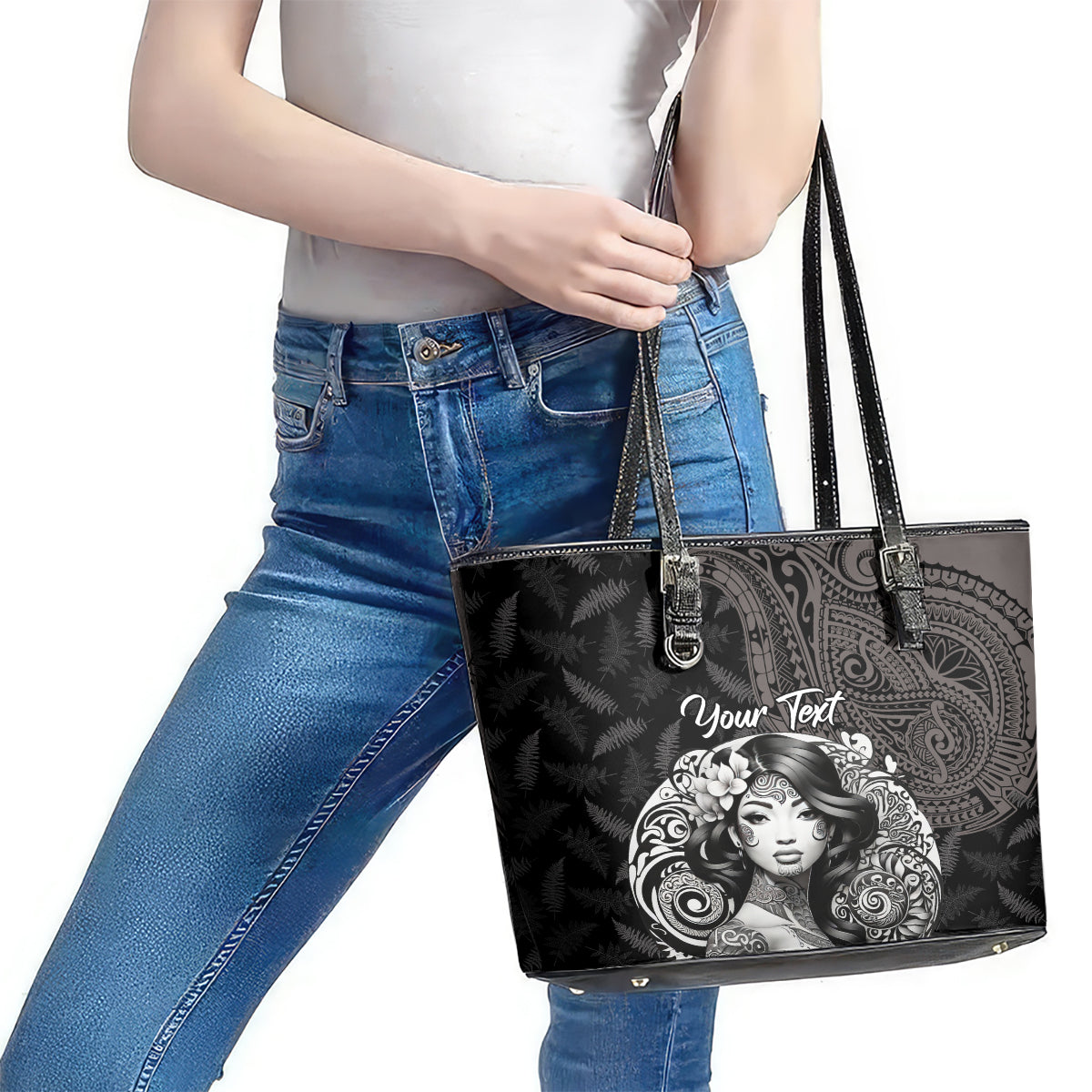 Custom New Zealand Women's Day Leather Tote Bag Maori Tribal Girl and Silver Fern Pattern