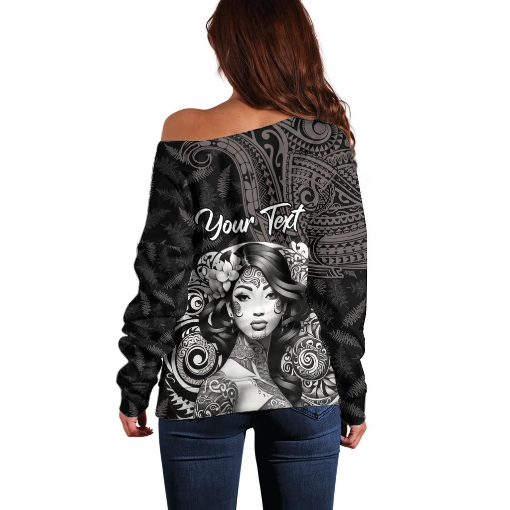 Custom New Zealand Women's Day Off Shoulder Sweater Maori Tribal Girl and Silver Fern Pattern LT03 - Polynesian Pride