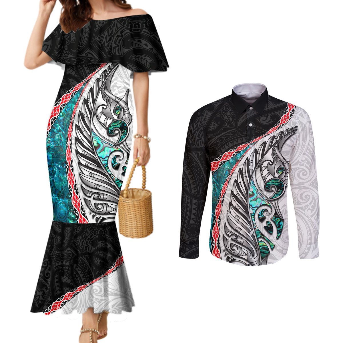 New Zealand Couples Matching Mermaid Dress and Long Sleeve Button Shirt Manaia Fern and Koru Maori Pattern LT03 Black - Polynesian Pride