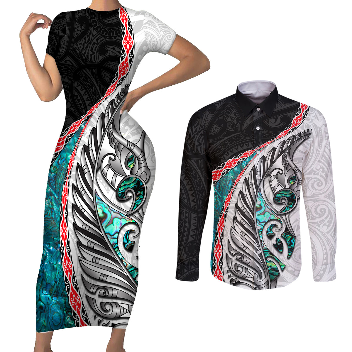 New Zealand Couples Matching Short Sleeve Bodycon Dress and Long Sleeve Button Shirt Manaia Fern and Koru Maori Pattern LT03 Black - Polynesian Pride