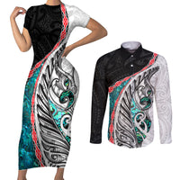 New Zealand Couples Matching Short Sleeve Bodycon Dress and Long Sleeve Button Shirt Manaia Fern and Koru Maori Pattern LT03 Black - Polynesian Pride
