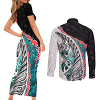 New Zealand Couples Matching Short Sleeve Bodycon Dress and Long Sleeve Button Shirt Manaia Fern and Koru Maori Pattern LT03 - Polynesian Pride