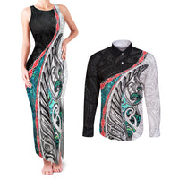 New Zealand Couples Matching Tank Maxi Dress and Long Sleeve Button Shirt Manaia Fern and Koru Maori Pattern LT03 Black - Polynesian Pride