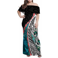 New Zealand Family Matching Off Shoulder Maxi Dress and Hawaiian Shirt Manaia Fern and Koru Maori Pattern LT03 Mom's Dress Black - Polynesian Pride