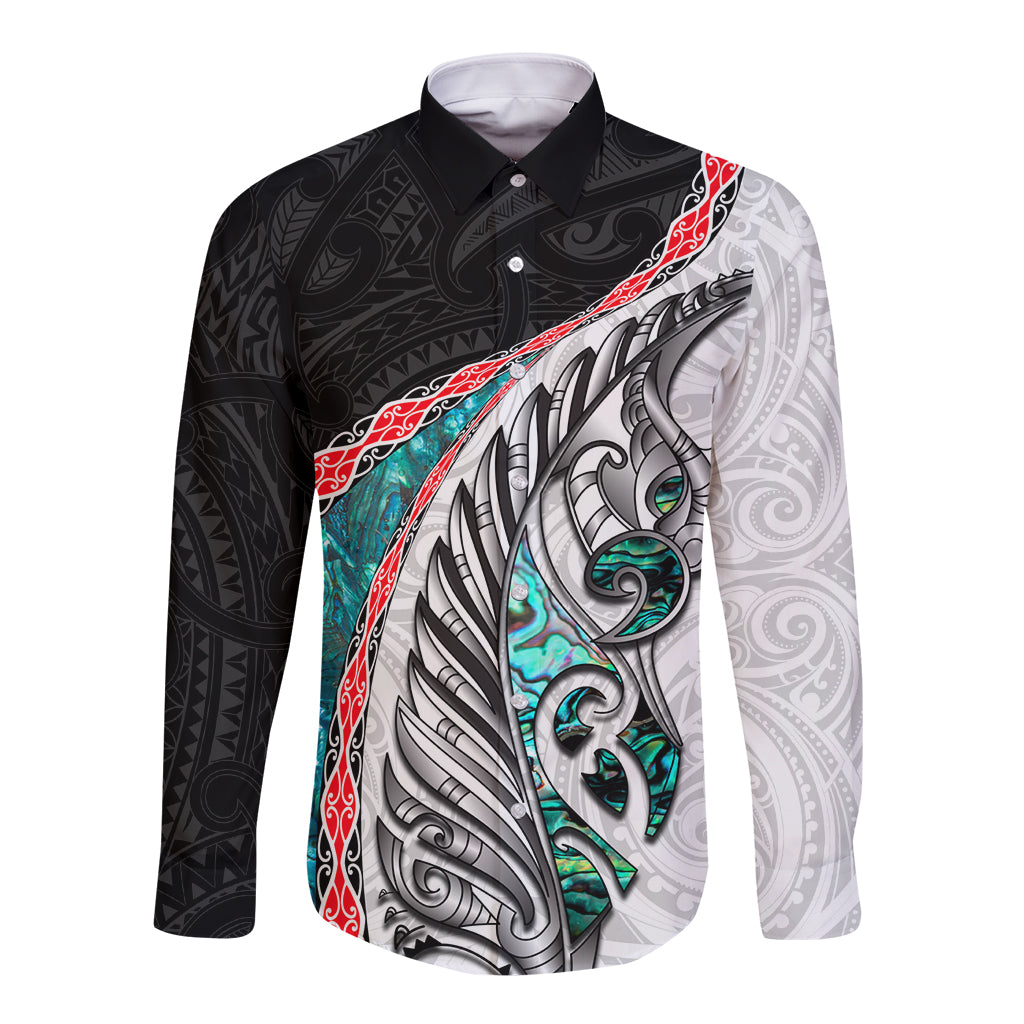 New Zealand Long Sleeve Button Shirt Manaia Fern and Koru Maori Pattern LT03 Unisex Black - Polynesian Pride