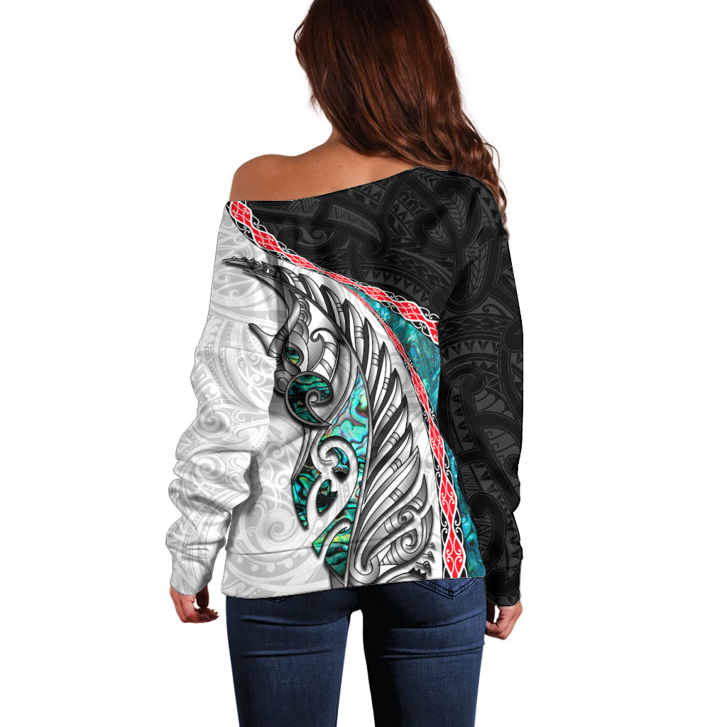 New Zealand Off Shoulder Sweater Manaia Fern and Koru Maori Pattern LT03 - Polynesian Pride