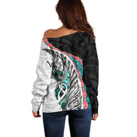New Zealand Off Shoulder Sweater Manaia Fern and Koru Maori Pattern LT03 - Polynesian Pride