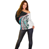 New Zealand Off Shoulder Sweater Manaia Fern and Koru Maori Pattern LT03 - Polynesian Pride