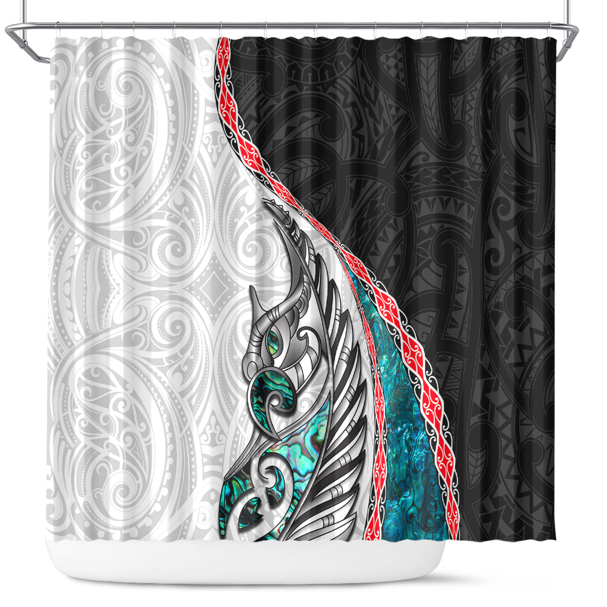 New Zealand Shower Curtain Manaia Fern and Koru Maori Pattern LT03 Black - Polynesian Pride