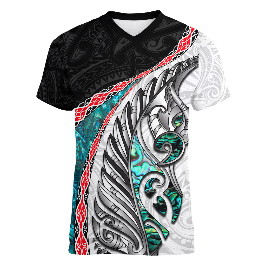 New Zealand Women V Neck T Shirt Manaia Fern and Koru Maori Pattern LT03 Female Black - Polynesian Pride
