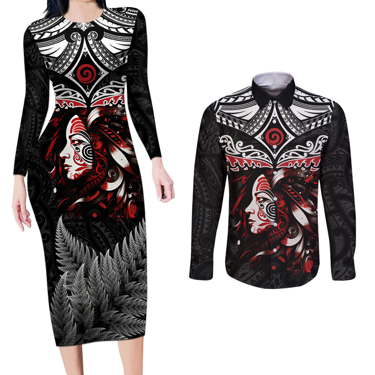 New Zealand Maori Girl Couples Matching Long Sleeve Bodycon Dress and Long Sleeve Button Shirt Silver Fern and Koru Pattern LT03 Black - Polynesian Pride
