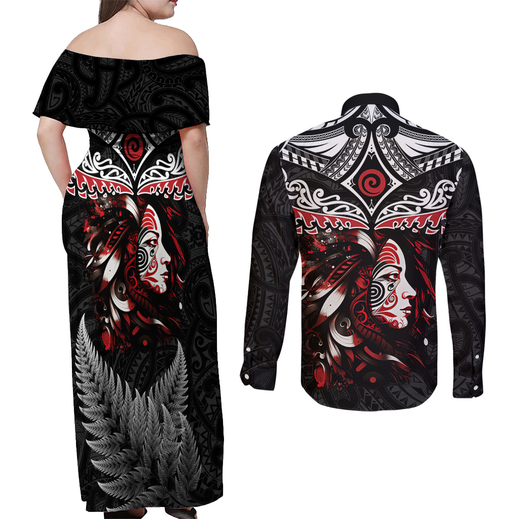 New Zealand Maori Girl Couples Matching Off Shoulder Maxi Dress and Long Sleeve Button Shirt Silver Fern and Koru Pattern LT03 - Polynesian Pride