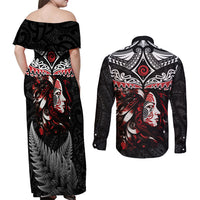 New Zealand Maori Girl Couples Matching Off Shoulder Maxi Dress and Long Sleeve Button Shirt Silver Fern and Koru Pattern LT03 - Polynesian Pride