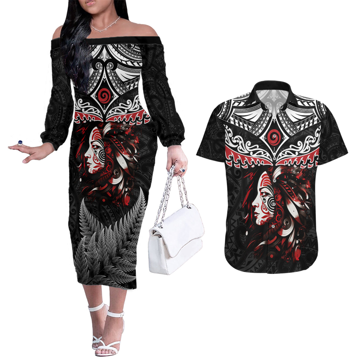 New Zealand Maori Girl Couples Matching Off The Shoulder Long Sleeve Dress and Hawaiian Shirt Silver Fern and Koru Pattern LT03 Black - Polynesian Pride
